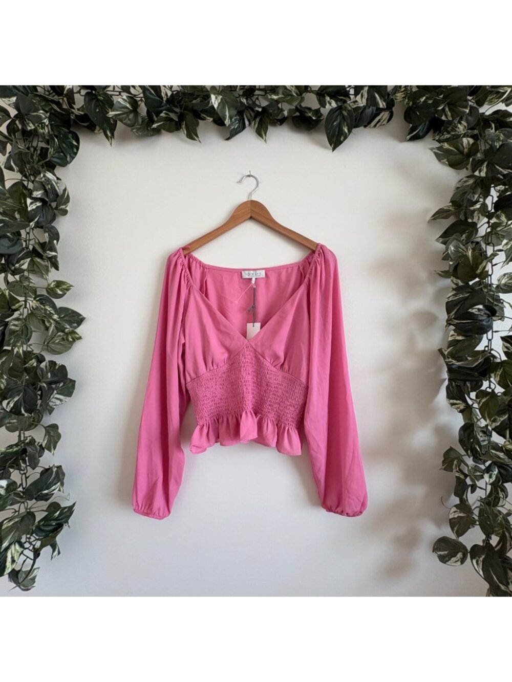 Wayf Long Sleeve V-Neck Smocked Blouse Bubble Gum Pink NWT Size L
